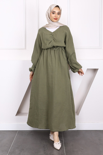 İmajButik Khaki Gathered Front Muslin Dress