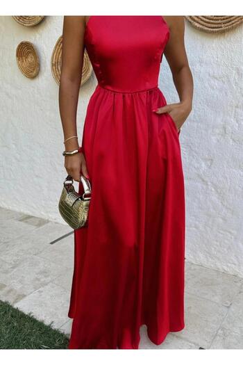 Eyyo Long red satin dress with pockets and backless - M