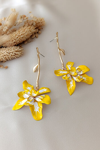COSİTA Yellow Flower Dangle Leaf Detailed Brand Model Vintage Long Big Earrings