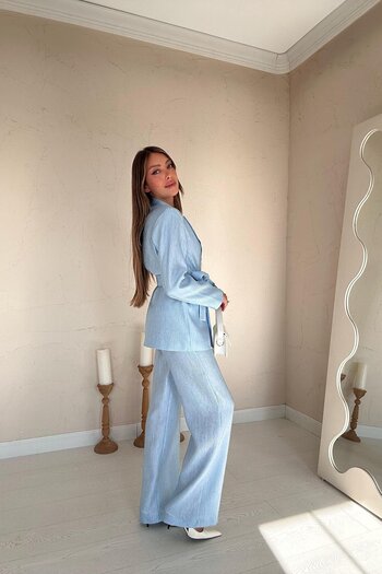 369 etnik butik Belted Blazer Jacket and Wide Leg Pants Set