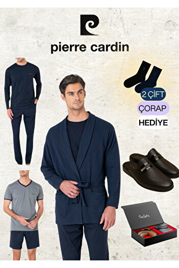 Pierre Cardin 5-Piece 100% Cotton Robdöşambr & Long - Short Sleeve Combed Cotton Pajama Set & Leather Slippers & Belt Wallet Set