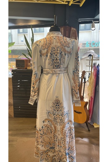 Jennyfer Women's Atlas Fabric Floral Print Detailed Belted Design Long Dress