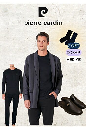 Pierre Cardin Men's 100% Cotton Robdöşambr & Long Sleeve Combed Cotton Pajama Set & Leather Slippers Set Ol.Pc.5635.291