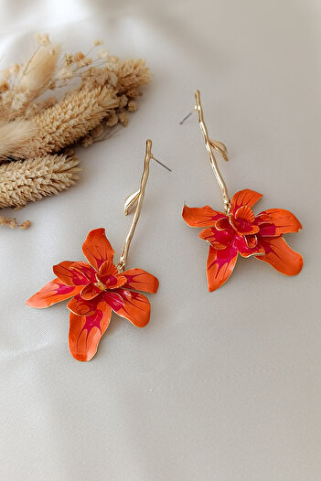 COSİTA Orange Flower Hanging Leaf Detailed Brand Model Vintage Long Big Earrings
