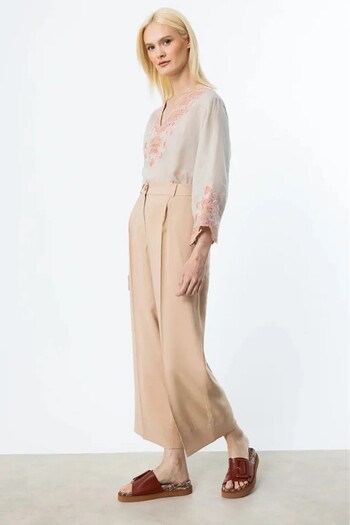 Ekol Women's Single Pleat Wide Leg Trousers 2106 Sand