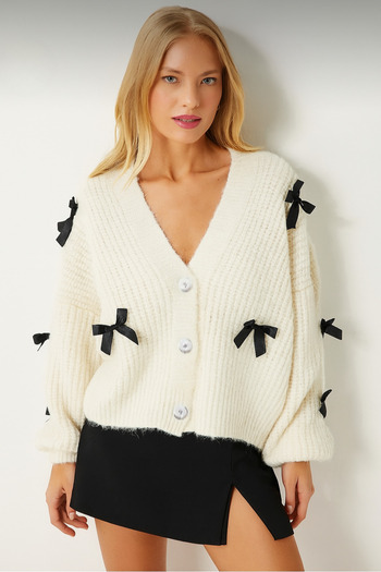 NATUFIAN STORE Women's Ecru Bow Soft Basic Knitwear Cardigan