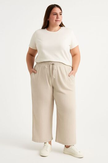enmodaiçgiyim Large Size Stone Color 100% Cotton Muslin Fabric Loose Leg Pocket Comfortable Fit Women's Trousers