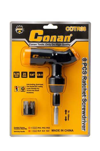 CONAN T-Shape Ratchet Screwdriver – 8 Pieces – 1/4 Inch (6.35 mm) – Ergonomic Handle