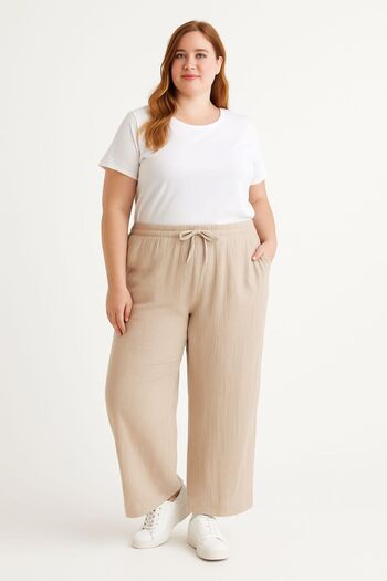 enmodaiçgiyim Large Size Stone Color 100% Cotton Muslin Fabric Loose Leg Pocket Comfortable Fit Women's Trousers