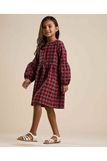 R&B Patterned Fit and Flared Dress with Bishop Sleeves