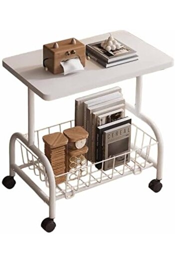 Türkiye 2-Tier Side Table with Wheels, End Table with Removable Storage Basket, Modern Bedside Table for Sma