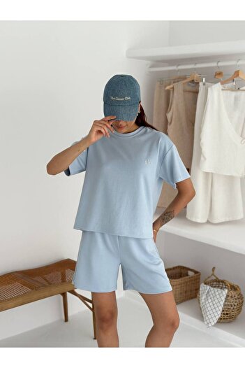 edz moda moda ve tarzın buluştuğu nokta Women's Baby Blue Front Text Printed Modal Fabric Shorts Set