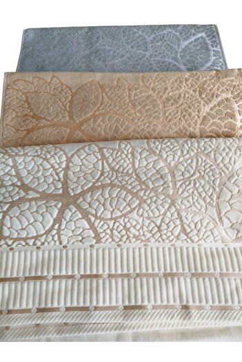 Nurpak Velvet Jacquard Leaf Patterned 3 Pieces 50X90 cm Hand Face Towels Gray-Brown-Beige