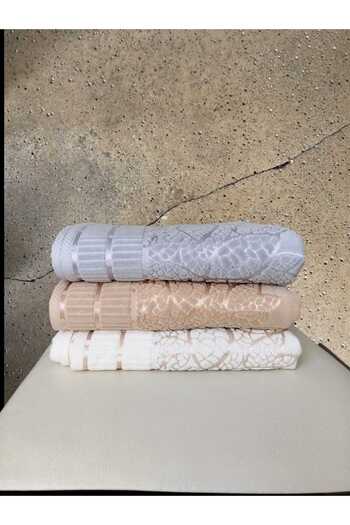 Nurpak Velvet Jacquard Leaf Patterned 3 Pieces 50X90 cm Hand Face Towels Gray-Brown-Beige