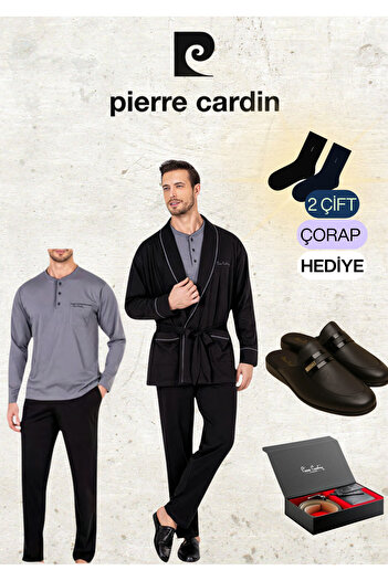 Pierre Cardin 100% Cotton Black Robe & Long Sleeve Pajamas Set & Leather Slippers & Genuine Leather Belt Wallet Set