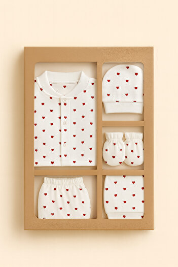 KapsülBebek 100% Organic Cotton 5-Piece Heart Newborn Baby Set – Seasonal Set for Baby Girl