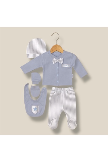 KapsülBebek 100% Organic Cotton 5-Piece Baby Boy Set – Striped Seasonal Newborn Set with Bow Tie