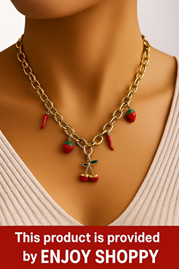 Enjoy Gold Color Strawberry Cherry and Pepper Figured Chain Necklace Fun Design Eye-Catching Style