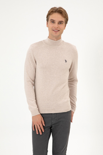U.S. Polo Assn. Men's Slim Fit High Neck Stone Melange Basic Sweater 50313712-Vr225
