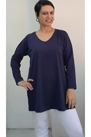 Mertcan Butik Navy Blue V-Neck Size Whole Coming Low Sleeve Combed Viscose T-Shirt