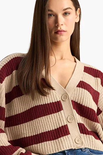 DeFacto Regular Fit V Neck Striped Buttoned Knitwear Cardigan Z8539Az25Wn