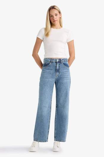DeFacto Barrel Fit Normal Waist Ankle Length Jean Washed Trousers F6102Ax25Hs