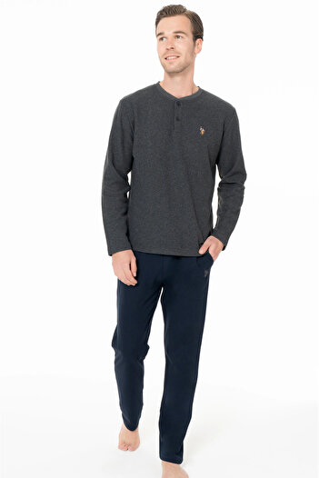 U.S. Polo Assn. Men's Pajamas Set, Pocket, Cotton Blend, Long Sleeve, Button-Down Collar, Home Wear