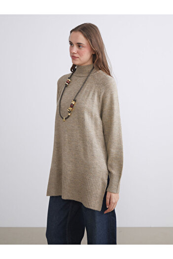 LC Waikiki Beige Stand Collar Oversize Women's Knitwear Tunic