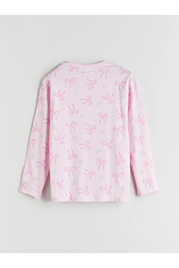 LC Waikiki LCW KidsPembe Bisiklet Yaka Fiyonk Desenli Kız Çocuk Pijama Takımı