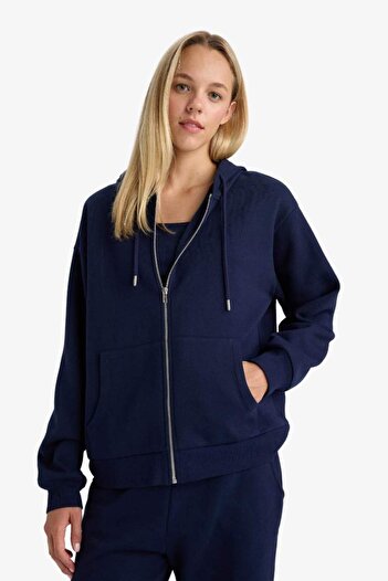 DeFacto Relax Fit Kapüşonlu Basic Düz Kalın Fermuarlı Sweatshirt C1809AX25AU