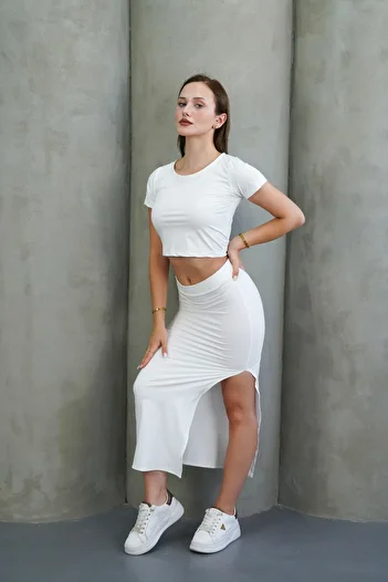 Kokoş Aşk Sandy Fabric Skirt with Side Slit Crop Bottom Top Set