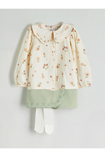 LC Waikiki Ecru Girl's Blouse, Skirt and Pantyhose Set