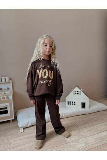 Patriko Girl's Brown Wide Pants New Season Bottom Top Tracksuit Set