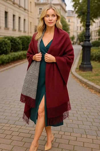 Betülce Women's Winter Plaid Wool Shawl - Double-Sided Shoulder Shawl / Oversized Blanket Shawl 70X190Cm - Burgundy