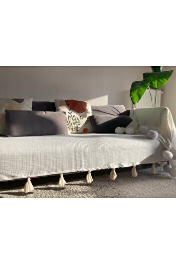 Divanest Tasseled Double Layer Wrinkle-Free Muslin Fabric Soft Sofa Cover Ecru (for Three-Seat Sofa 90X 210cm)