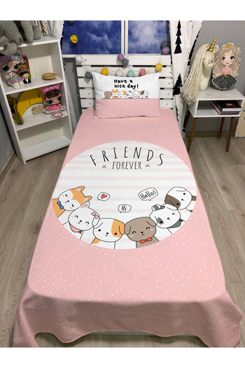 yok yok evim eve dair her şey Happy Friends Patterned Baby Kids Single Pique and Pillowcase Bedspread Set