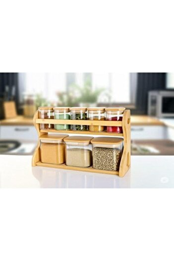 STOREMAX Snshop Bamboo Series 8-Piece Square Borosilicate Spice Jar Set with Stand 467437