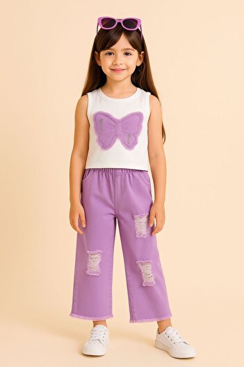 KOKOŞ BEBEK Girl's Butterfly Patterned Denim 2-Piece Set |   3-14 Years