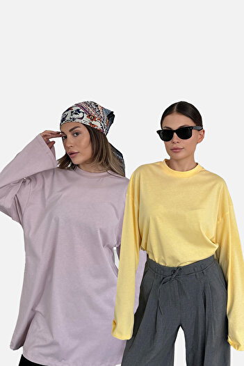 C&City Wide Sleeve Oversize 2 Pack T-Shirt 964 Lilac/Yellow