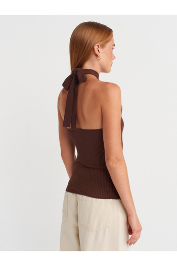 Dilvin 10798 Halter Tie Collar Ribbed Knitwear Blouse-Brown