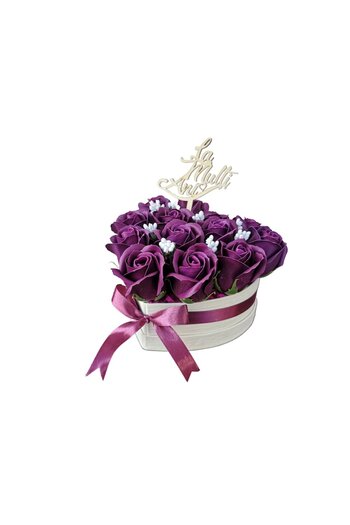 dady Aranjament floral cu 13 trandafiri din sapun indigo, DADY, in cutie inima alba si tablita cu mesajul