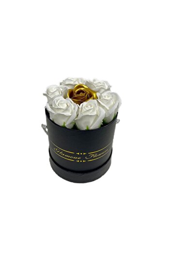 FY FashionForYou Aranjament floral Glamour, cutie rotundă neagră cu 7 trandafiri de săpun, albi
