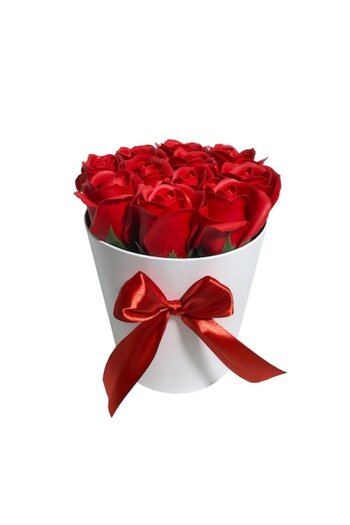 Colorissima Floral Arrangement with 11 Soap Roses, Red Roses in White Box,