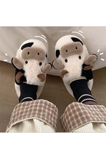 Gofeel Harajuku Tatlı İnek Yumuşak Tüylü Pofuduk Peluş Panduf Terlik