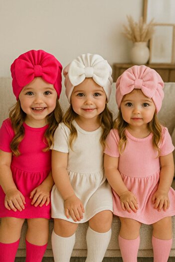 Pico Baby Σετ 3 μπονέ μωρού διπλής στρώσης με φιόγκο - Ροζ/Λευκό/Φούξια