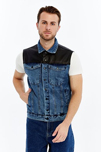 CHOS7N Men's Leather Bonded Denim Vest Snap Closure Niche Design Daily Use