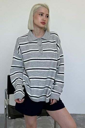 Madmext Gray Polo Collar Striped Women's Knitwear Sweater Mg2469