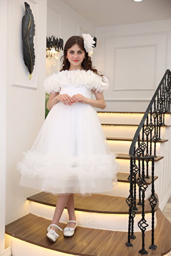 MİSS RAİN Fold-On Sleeves, Flowers, Low Shoulder, Stone Detail, Ruffle Skirt, Girl's Evening Dress
