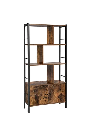 VASAGLE Bookcase with 4 shelves and 2-door base cabinet, industrial style, 74x30x155cm, rustic brown