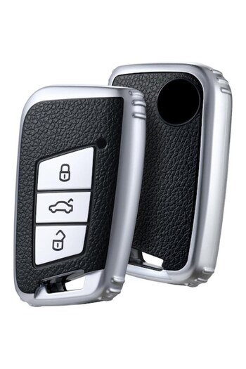 General Store Silver Case with Leather Inserts for VW Volkswagen Key - Passat B8, Tiguan, Magotan, Golf, Skoda Kod